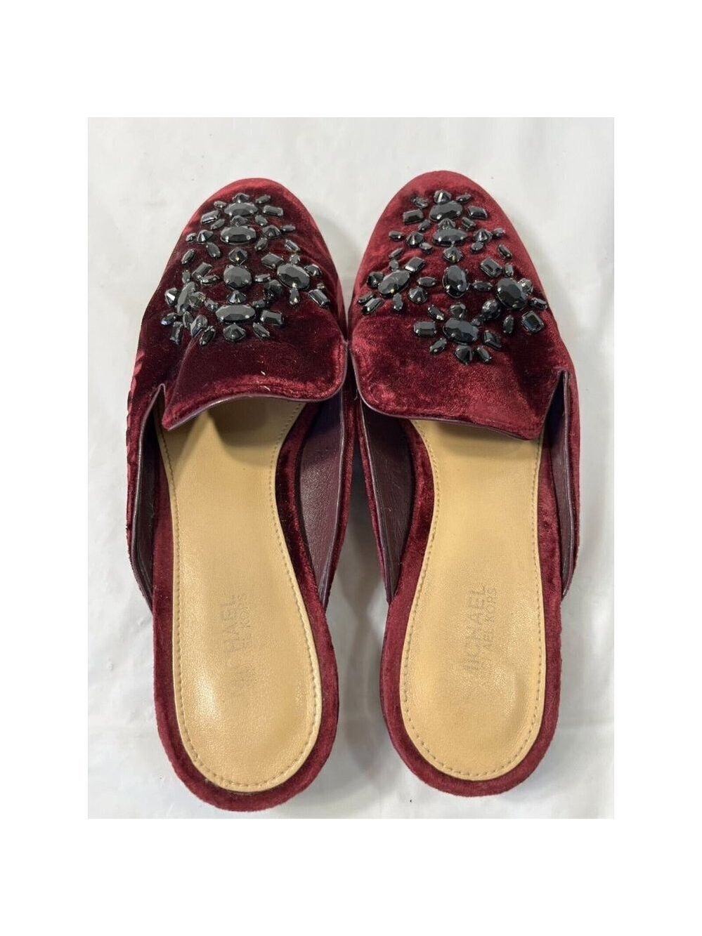 Michael Kors Womens 7.5 Shoes Edie Embellished Velvet Slide Slip-Ons Burgundy - Picture 12 of 14
